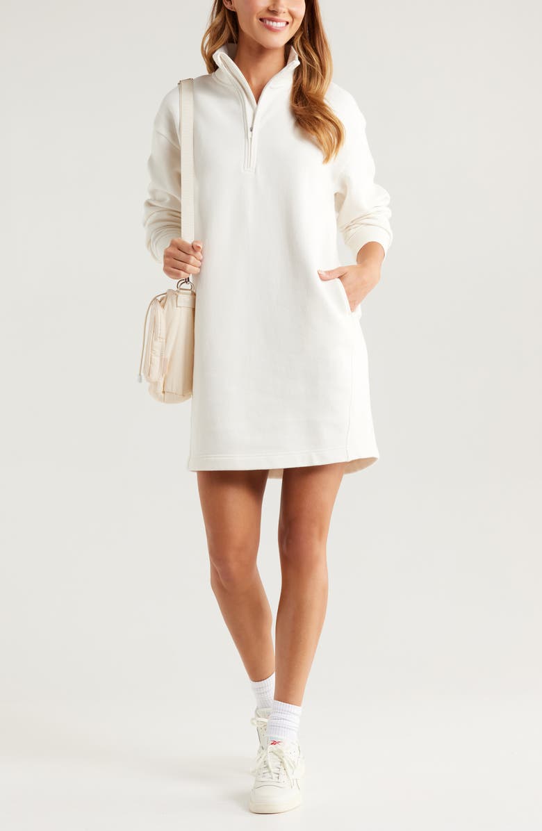 Zella Cloud Fleece Long Sleeve Quarter Zip Dress, Alternate, color, Ivory Egret