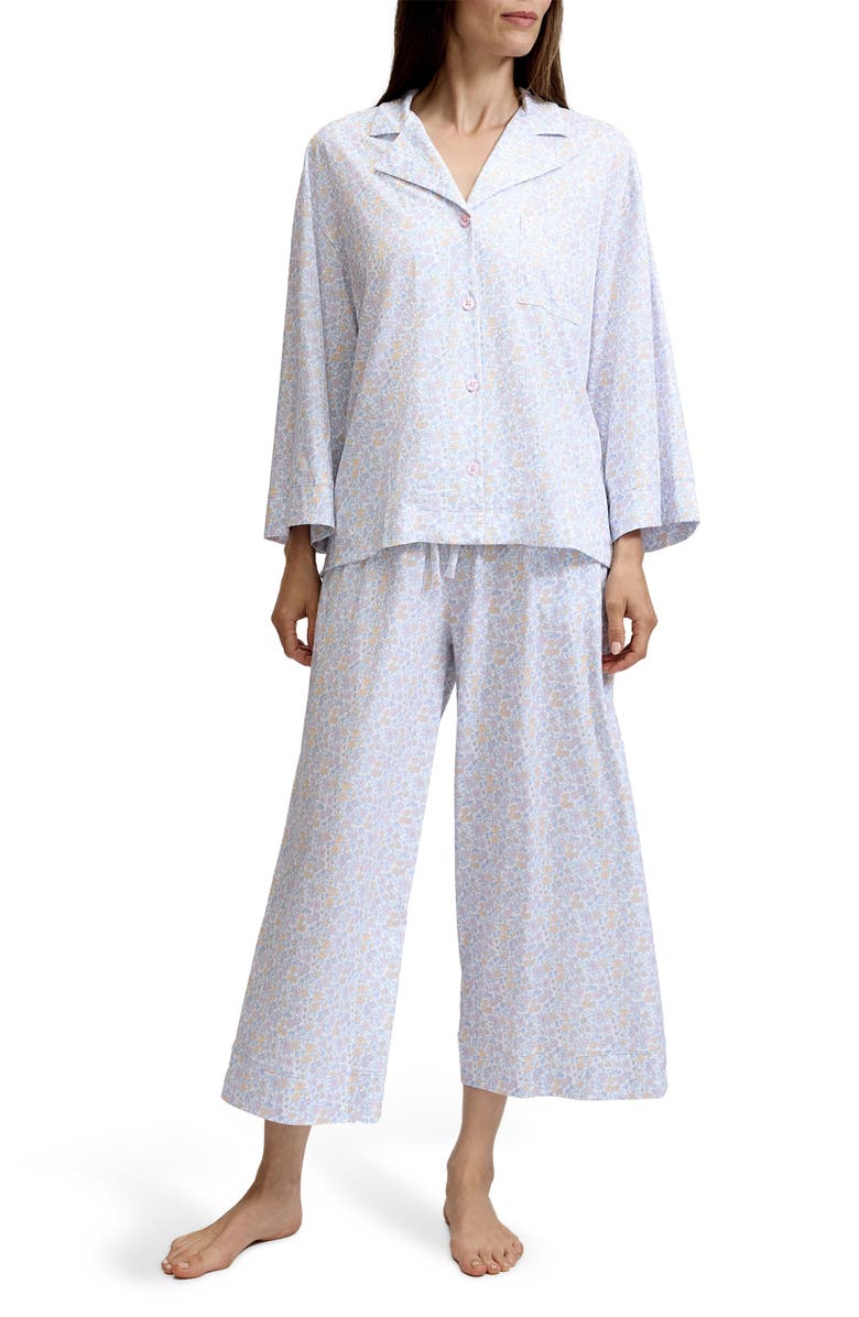 Petite Plume Olivia Floral Wide Leg Pima Cotton Pajamas, Main, color, White