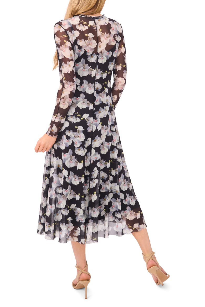 Floral Long Sleeve Mesh Dress, Alternate, color, RICH BLACK