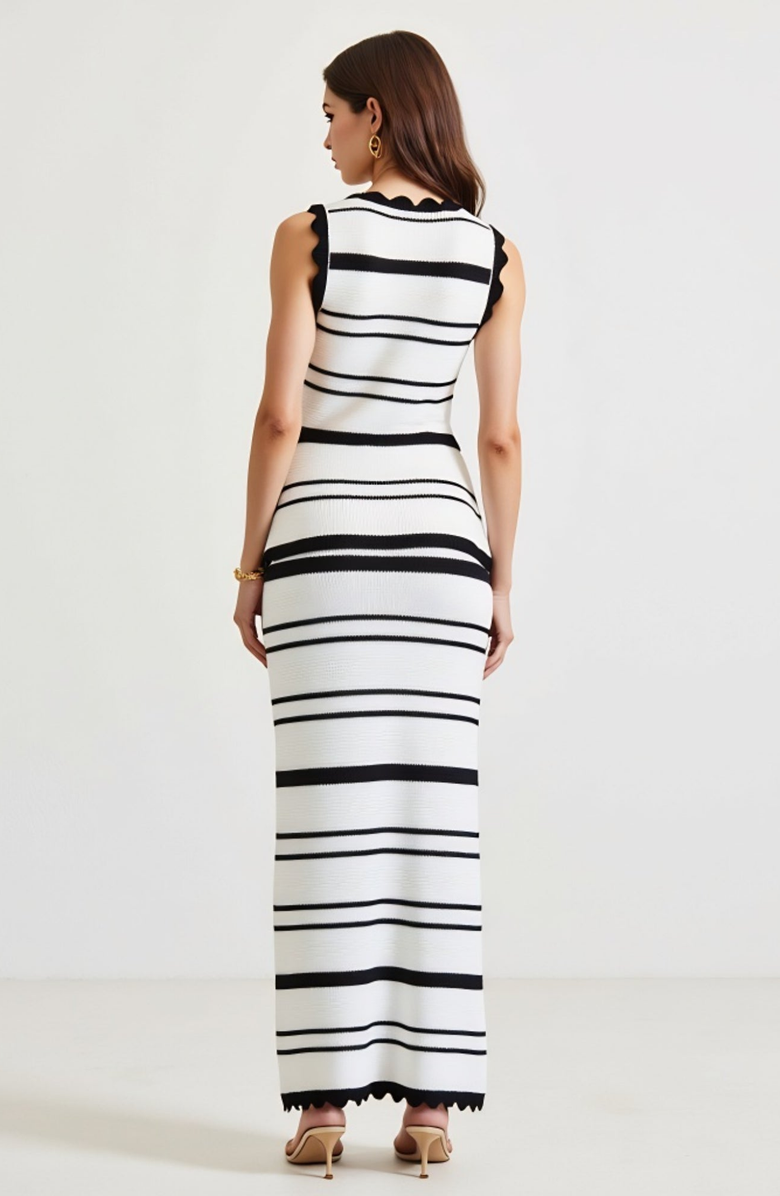 Modenaire Striped Tie-Front Top and Maxi Skirt Set, Alternate, color, Black / White Stripes