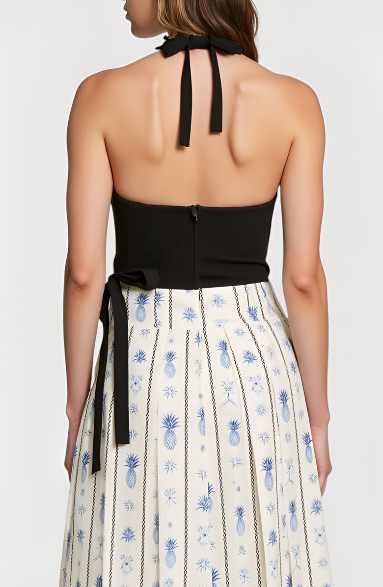 Modenaire Halter Rib-Knit Printed Pleated Side-Tie Maxi Dress, Alternate, color, 