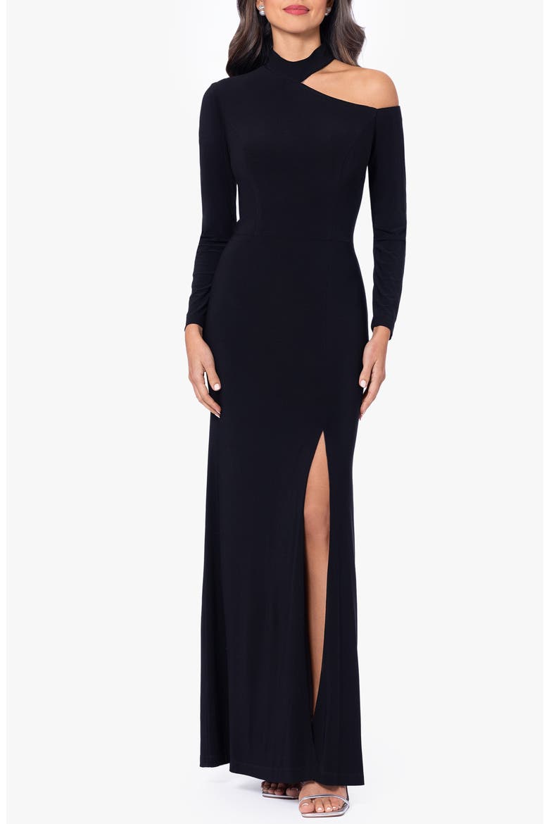 Cutout Shoulder Long Sleeve Gown, Main, color, BLACK/ NUDE