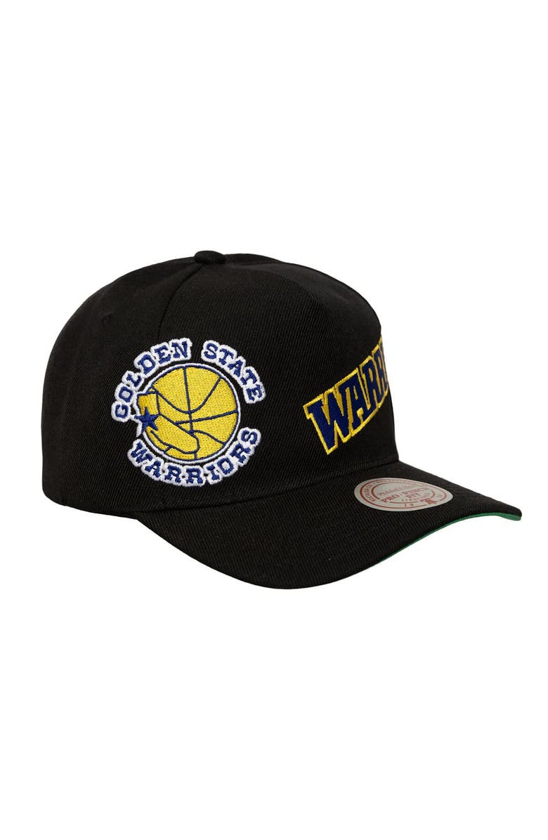 Mitchell & Ness Men's Mitchell & Ness Black Golden State Warriors Busted Logo Wordmark Wrap-Around Pro Pinch Adjustable Hat, Alternate, color, Black