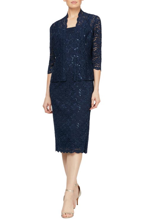 Sl Fashions Lace Dress & Jacket Two-piece Set In Blue
