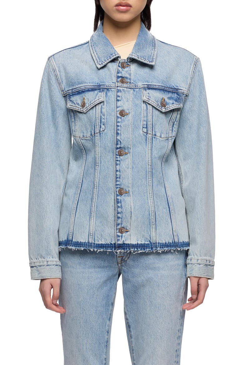 Cinched Release Fray Hem Denim Trucker Jacket, Main, color, BLUE EROSION