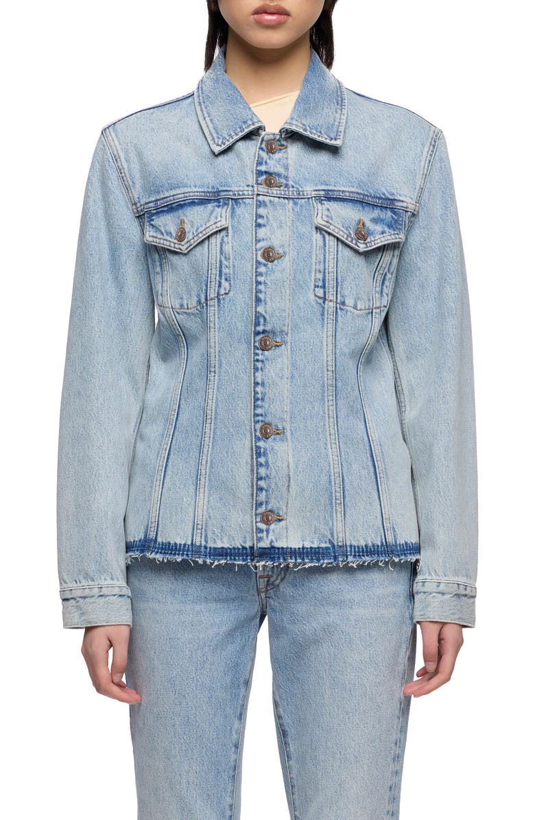 7 For All Mankind Cinched Release Fray Hem Denim Trucker Jacket, Main, color, Blue Erosion