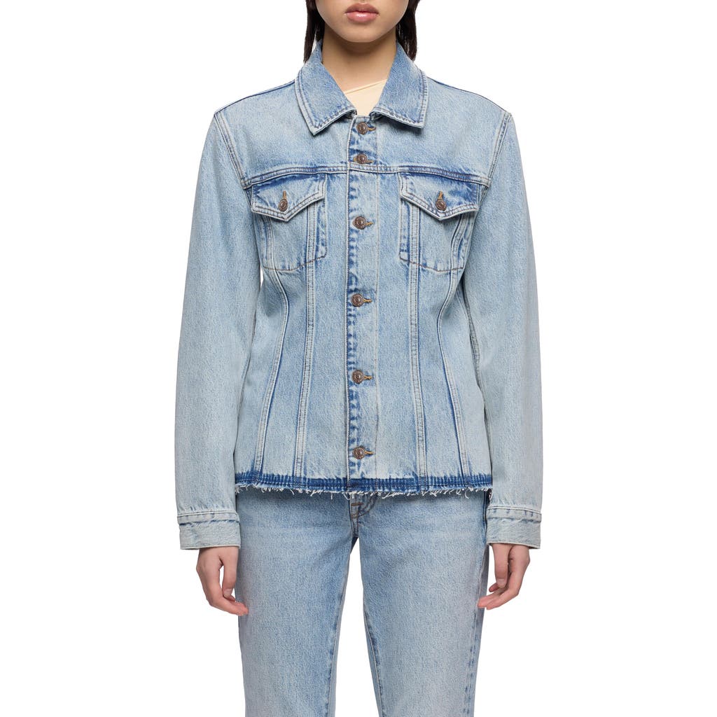 7 For All Mankind Cinched Release Fray Hem Denim Trucker Jacket in Blue Erosion at Nordstrom, Size X-Small
