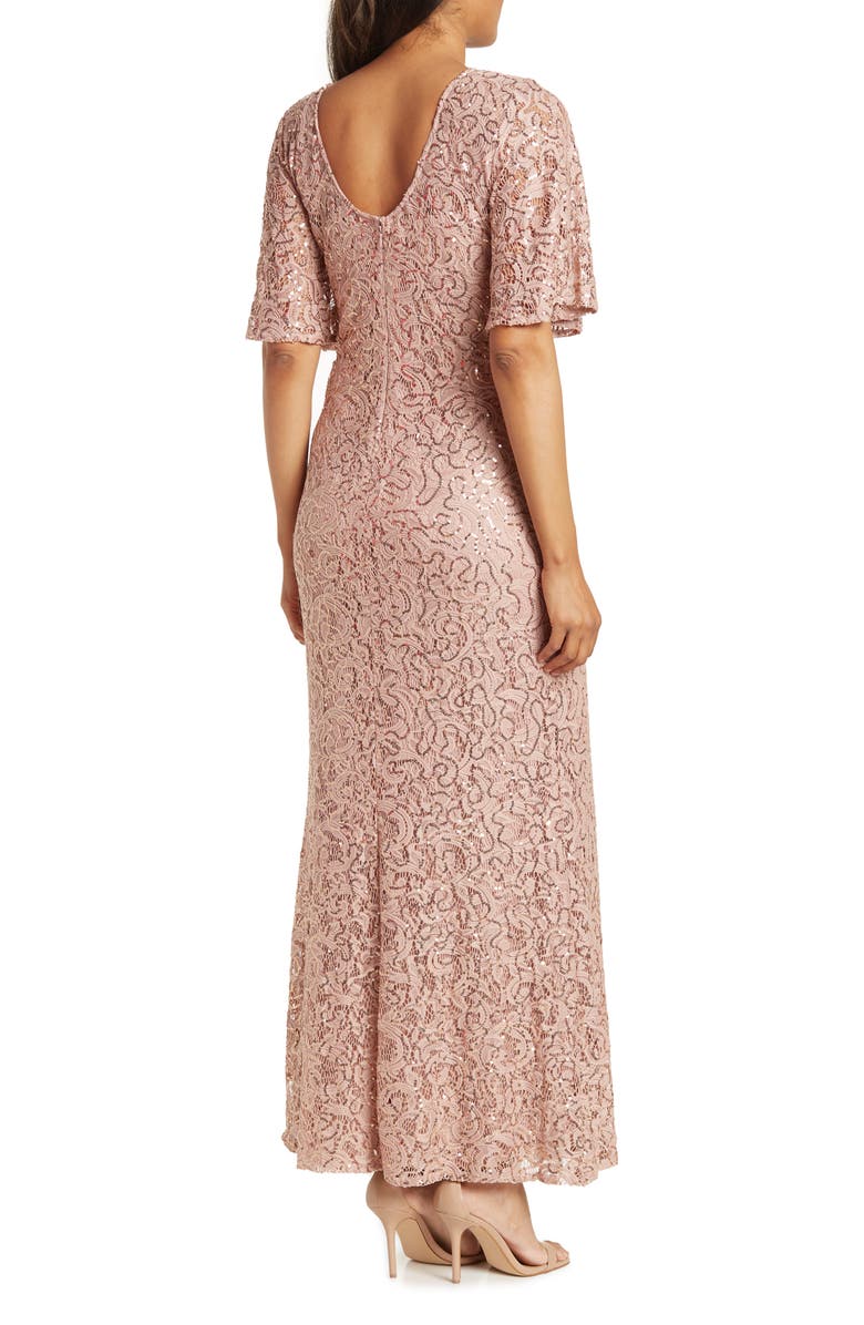 Marina Flutter Sleeve Sequin Lace Gown, Alternate, color,