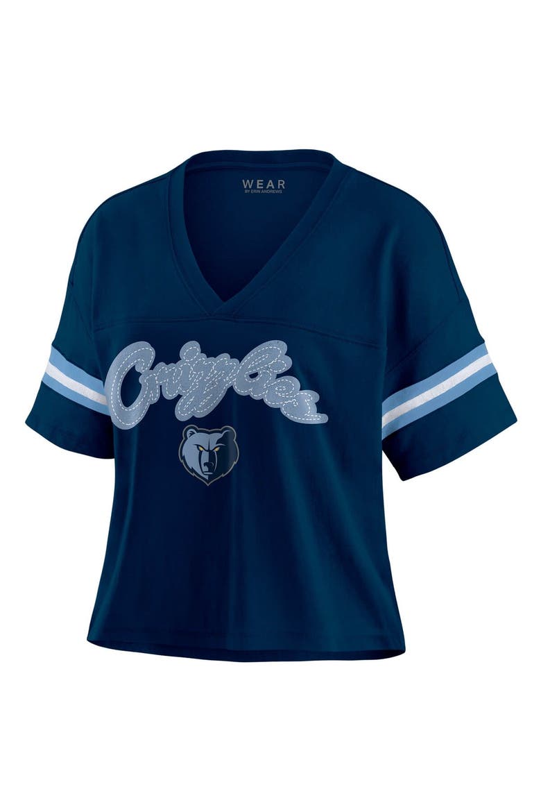 Women's WEAR by Erin Andrews Navy Memphis Grizzlies Color Block Boxy V-Neck T-Shirt, Alternate, color, Navy