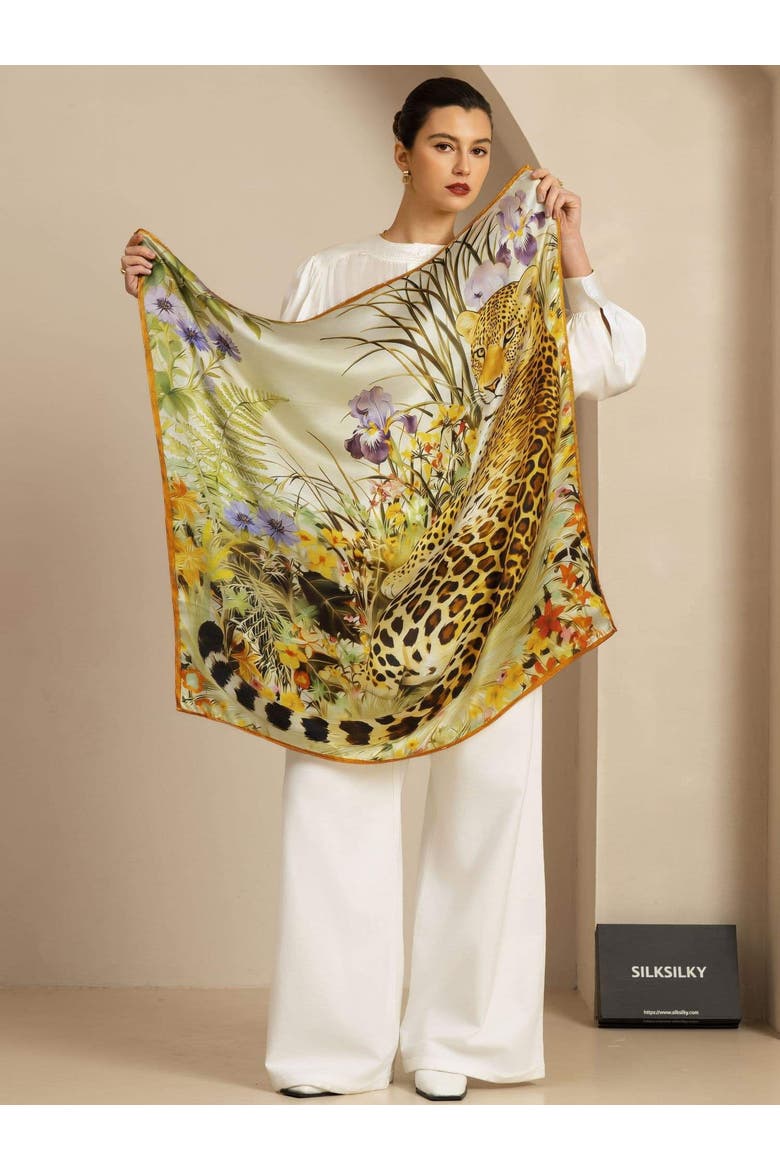 Pure Silk Leopard & Floral Scarf, Alternate, color, Orange