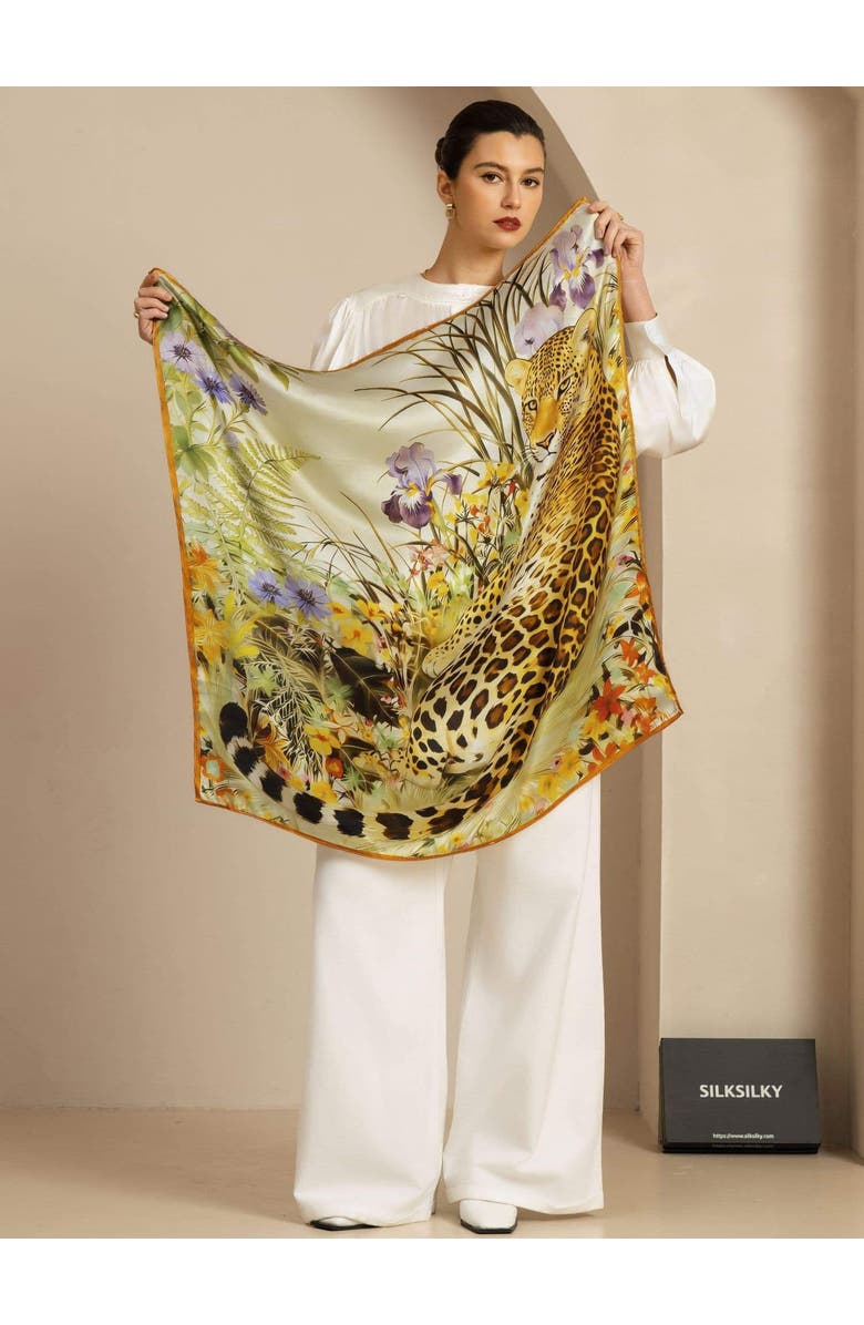 SILKSILKY Pure Silk Leopard & Floral Scarf, Alternate, color, Light Pink
