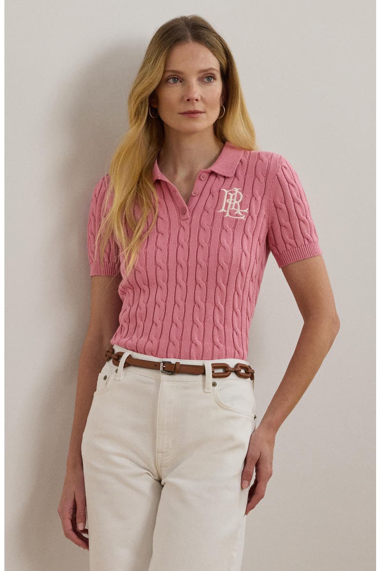 Embroidered Cable Cotton Polo Sweater, Alternate, color, ROSE MAUVE