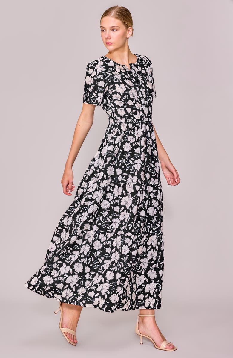 MELLODAY Short Sleeve Tiered Maxi Dress, Alternate, color, Black Floral