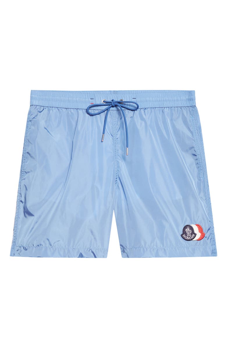 Moncler Logo Patch Swim Trunks, Main, color, Blue Jasper