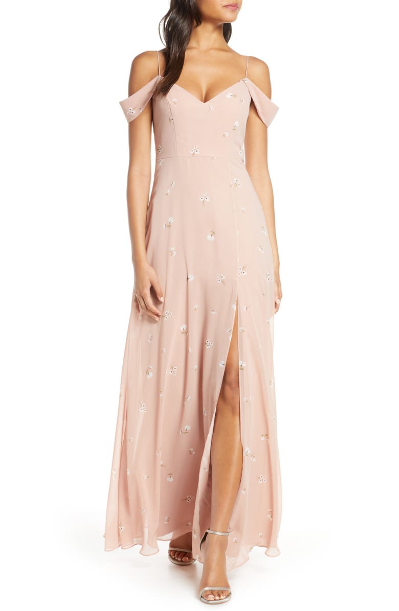 Jenny Yoo Priya Cold Shoulder Floral Chiffon Evening Dress, Main, color, 