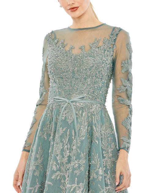 Mac Duggal Embellished Bow Belt Illusion Long Sleeve A Line Dress In Jade