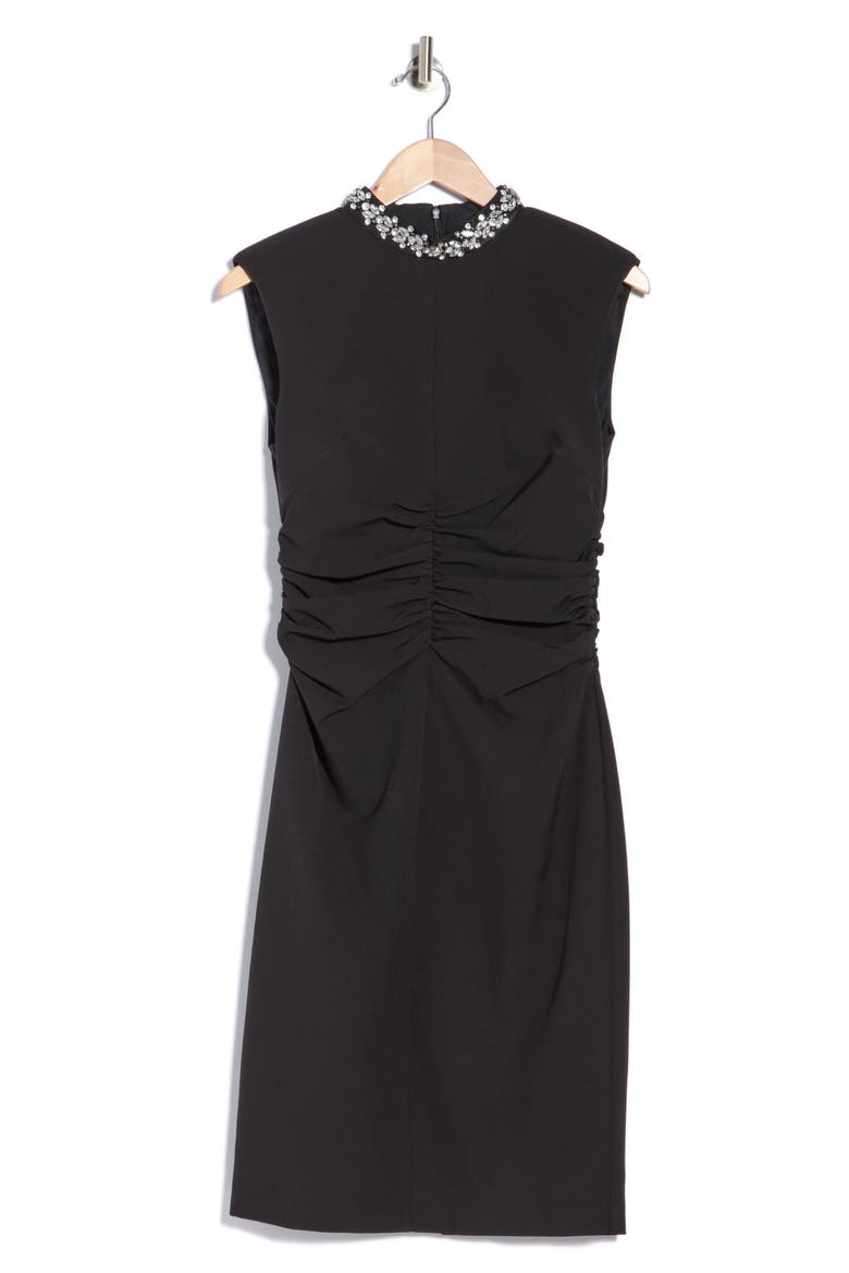 Crystal Embellished Mock Neck Ruched Sheath Dress, Alternate, color, BLK