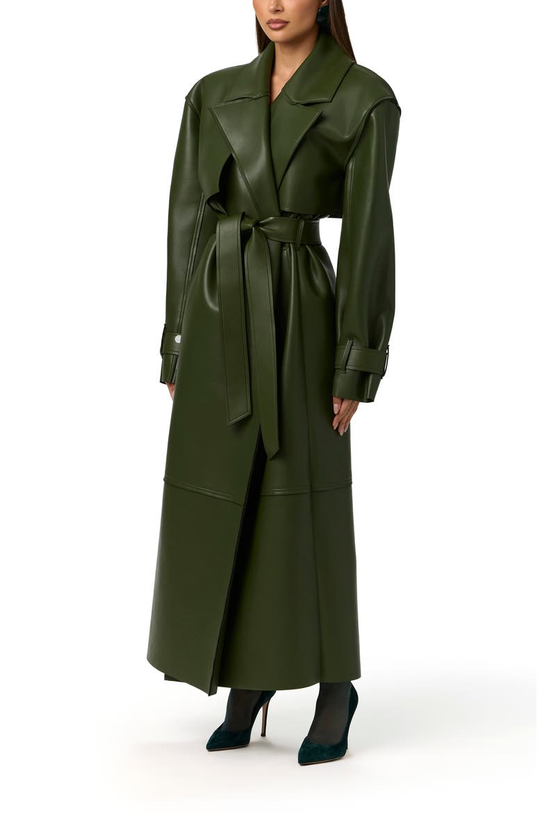 Faux Leather Trench Coat, Alternate, color, DARK OLIVE