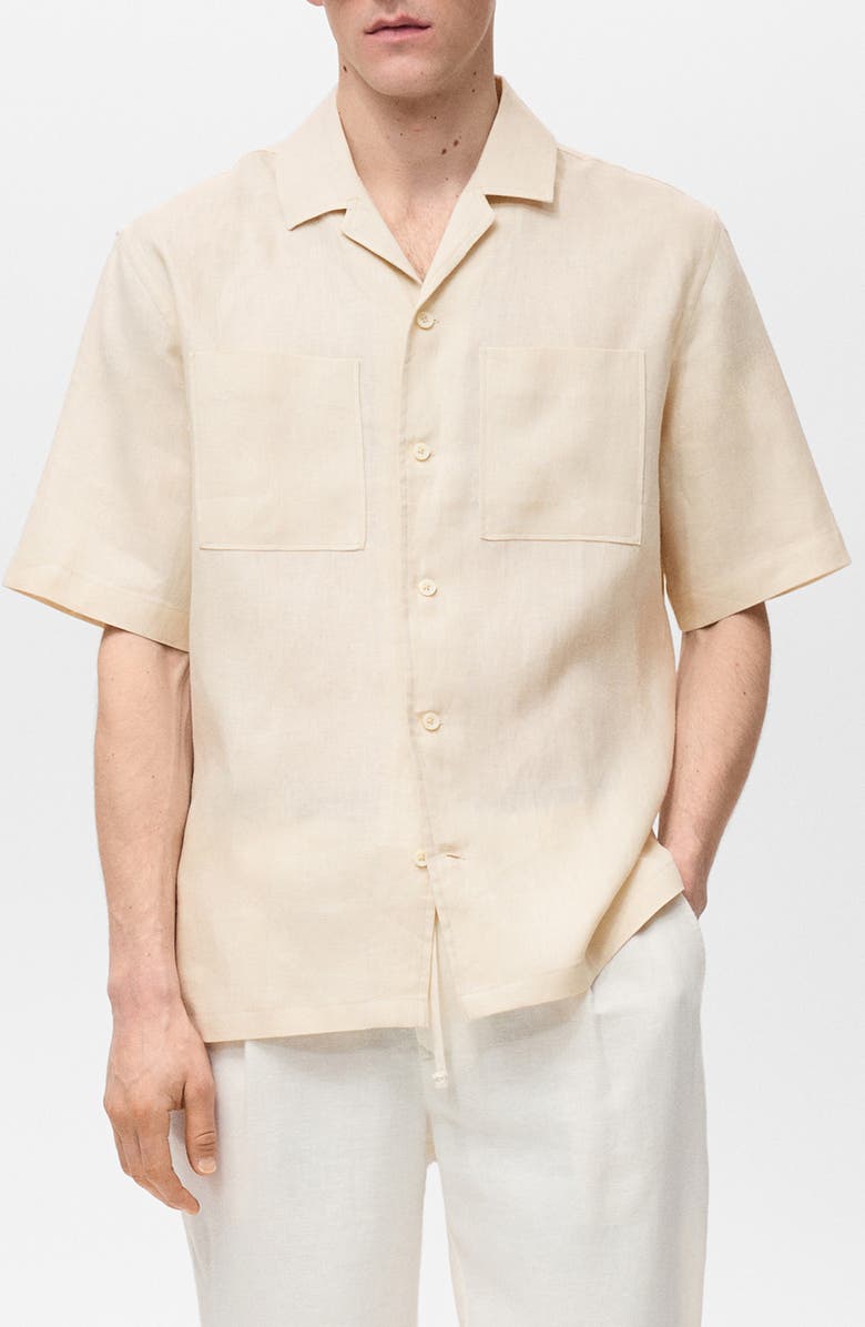 MANGO Linen Bowling Camp Shirt, Main, color, Ivory White
