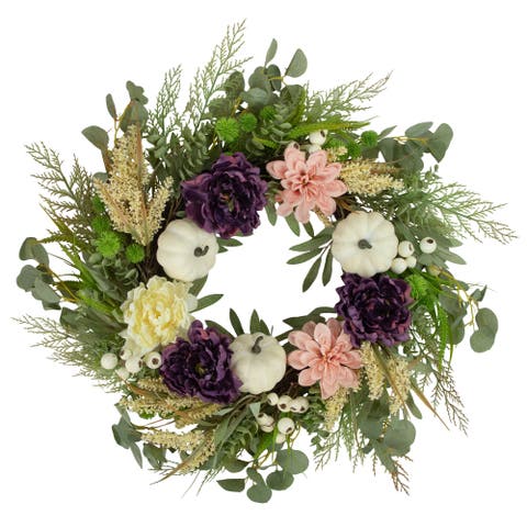 Peony, Dahlia and Pumpkins Artificial Floral Fall Harvest Wreath - 24"