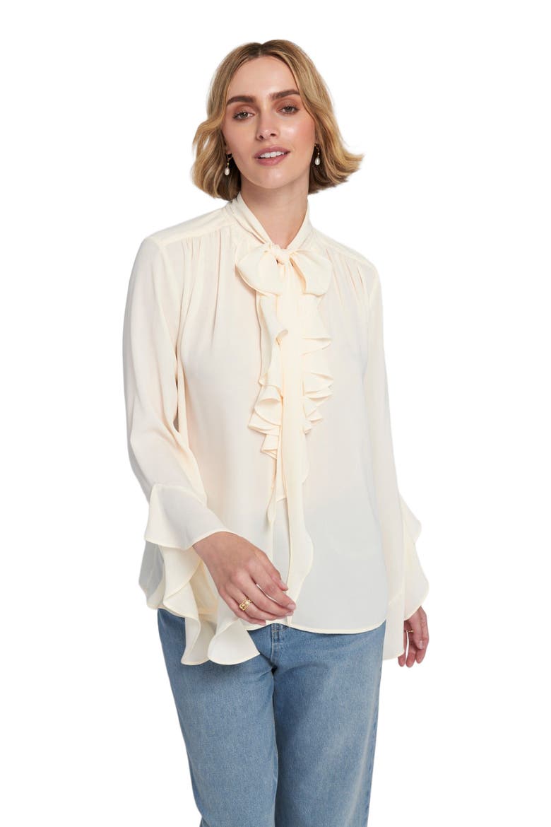 Flounce-Trimmed Tie-Neck Blouse Top, Alternate, color, Cream