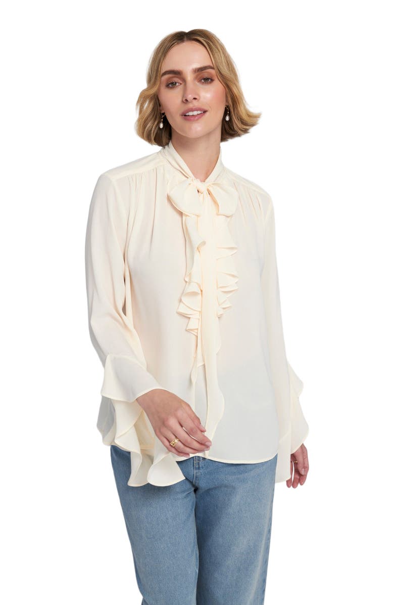 ELLE Collection Flounce-Trimmed Tie-Neck Blouse Top, Alternate, color, Cream