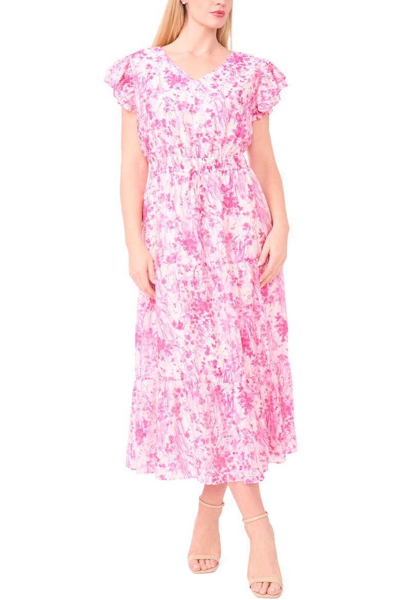 Double Ruffle Sleeve Midi Dress, Main, color, NEW IVORY/ PINK FLORAL