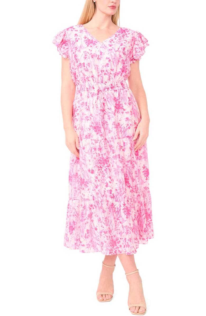 Halogen<sup>®</sup> Double Ruffle Sleeve Midi Dress, Main, color, New Ivory/ Pink Floral