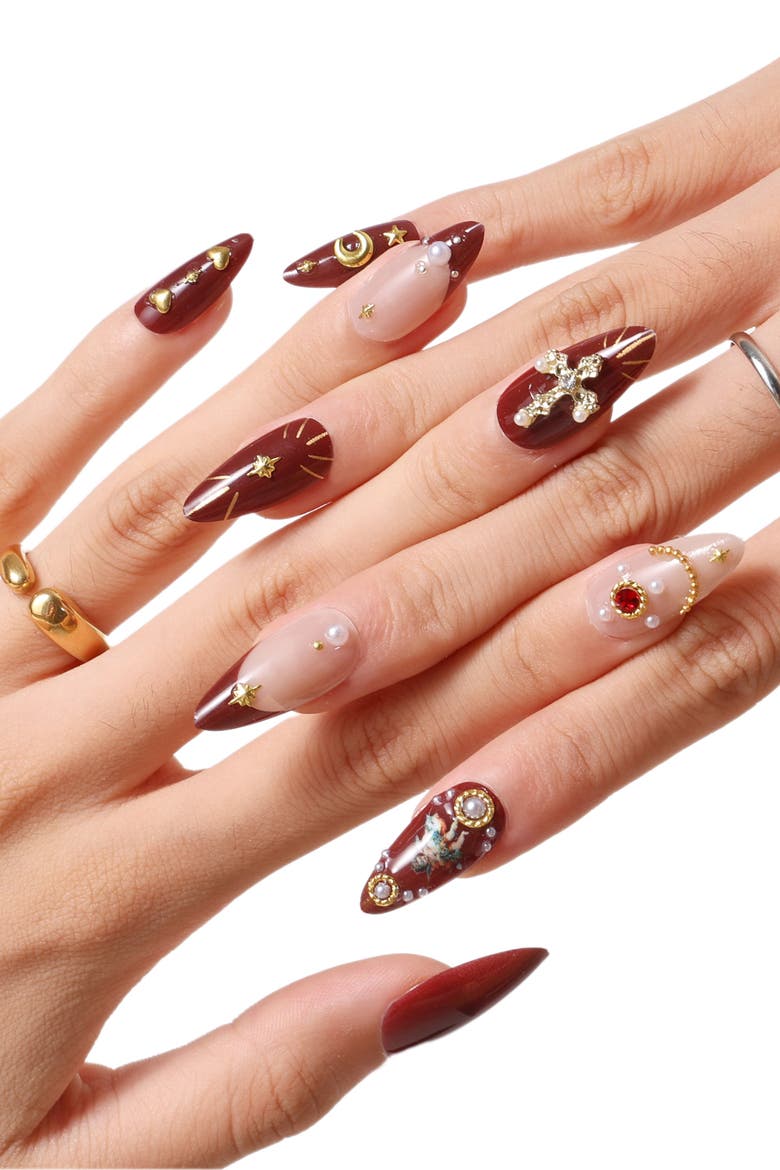 Burgundy Cherub Red French Tip Press On, Alternate, color, Red