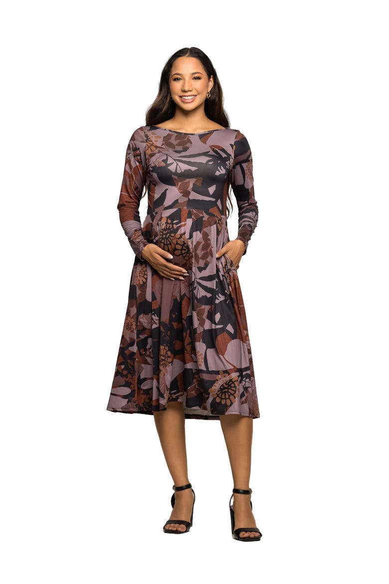 Long Sleeve Midi Dress Floral Print, Main, color, Gray Multi