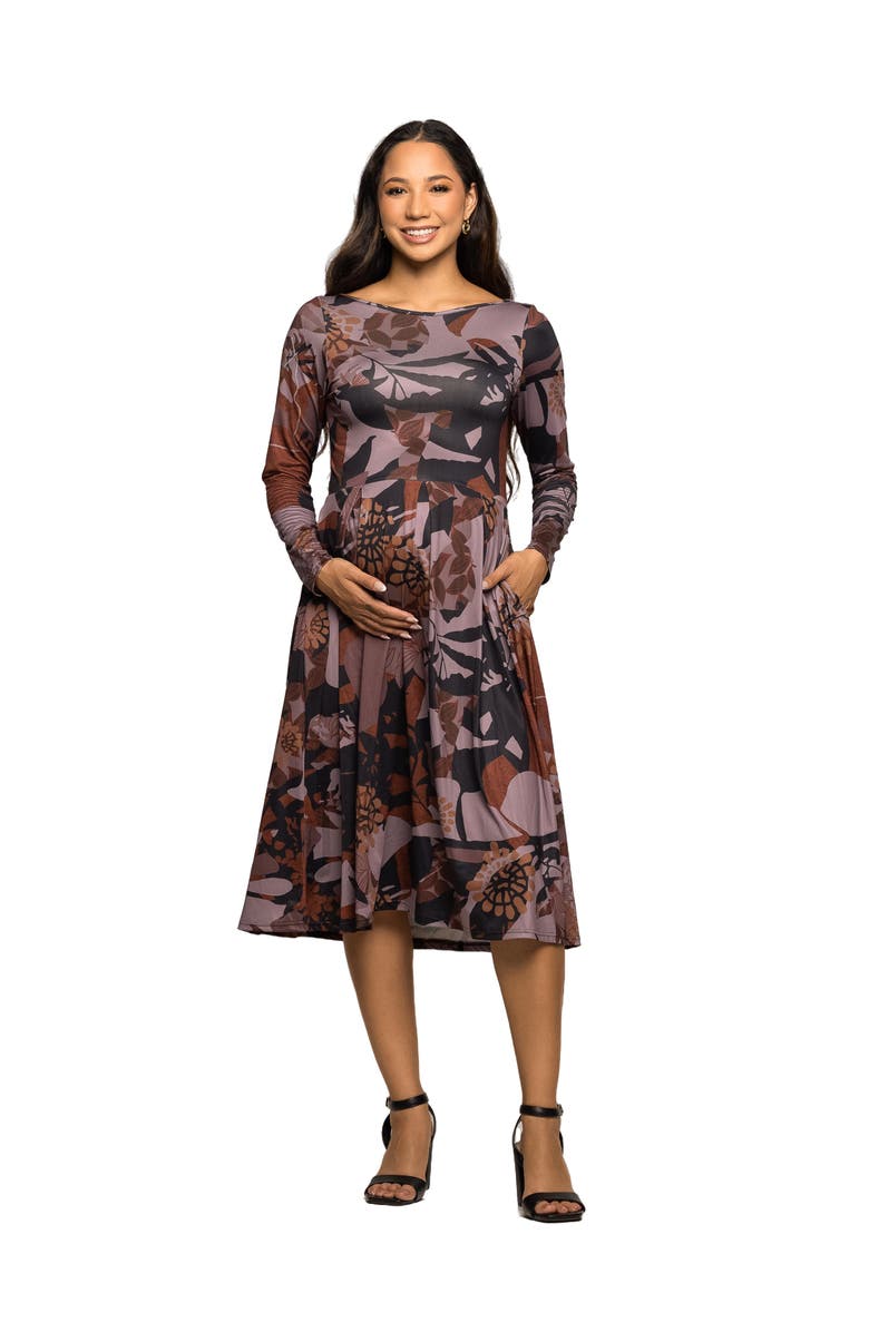 24seven Comfort Apparel Long Sleeve Midi Dress Floral Print, Main, color, Gray Multi
