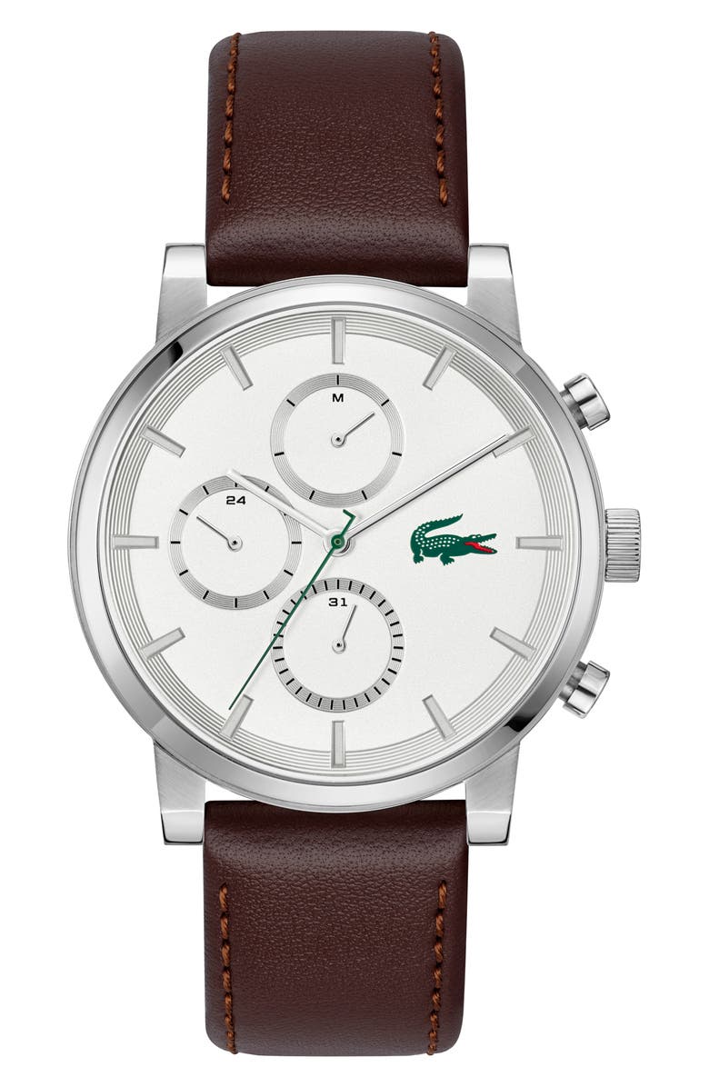 Lacoste Replay Multifunction Leather Strap Watch, 44mm, Main, color, 