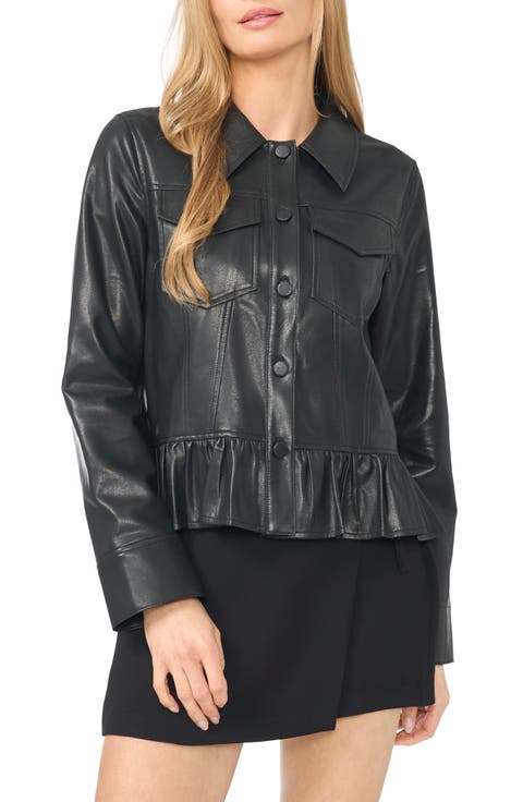 Ruffle Hem Faux Leather Jacket
