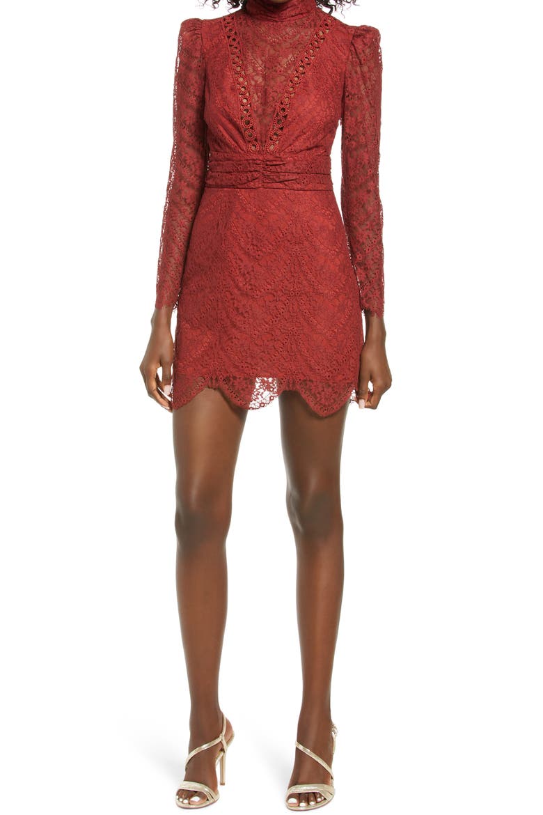 Celia Lace Long Sleeve Cotton Blend Cocktail MInidress, Main, color, RUSSET