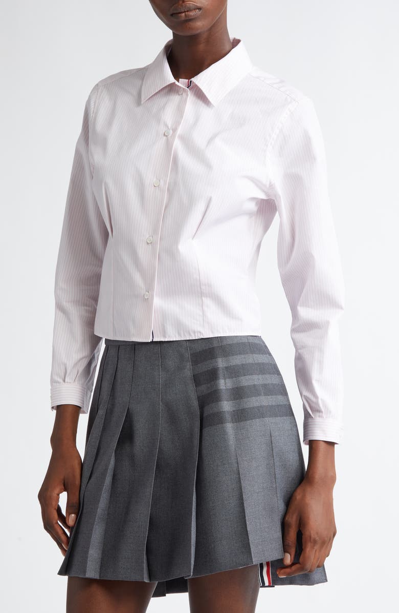 Thom Browne Stripe Crop Cotton Button-Up Shirt, Alternate, color, Light Pink