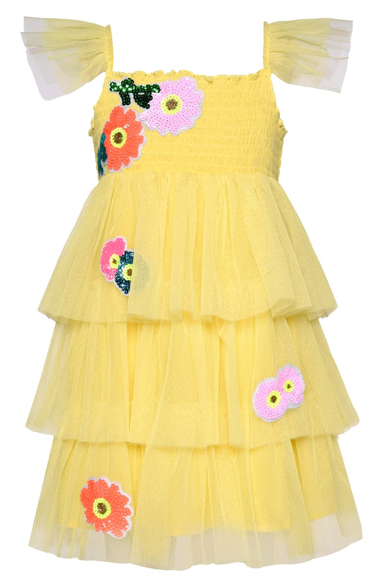 Baby Sara Kids' Flower Appliqué Tiered Tulle Dress, Main, color, Yellow