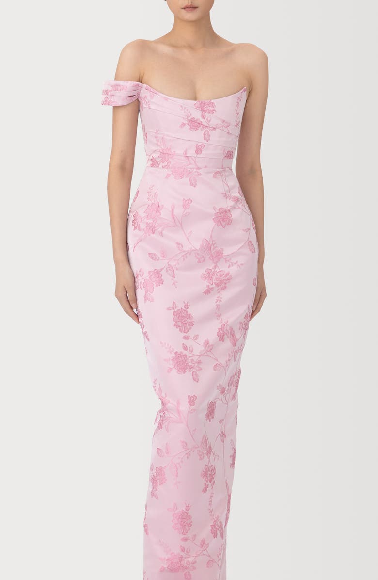 SAU LEE Jackson Metallic Floral Brocade Cateye Strapless Gown, Alternate, color, Pink Rococo