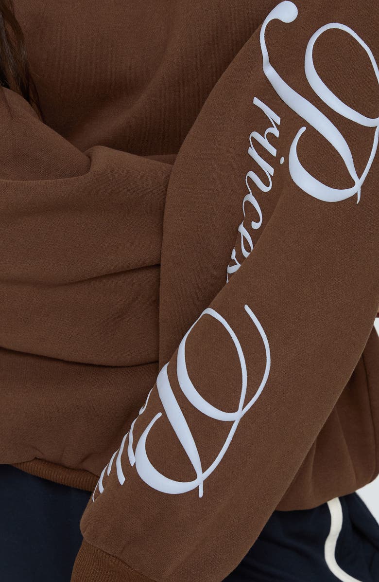 Princess Polly Script Logo Graphic Hoodie, Alternate, color, Brown / Blue
