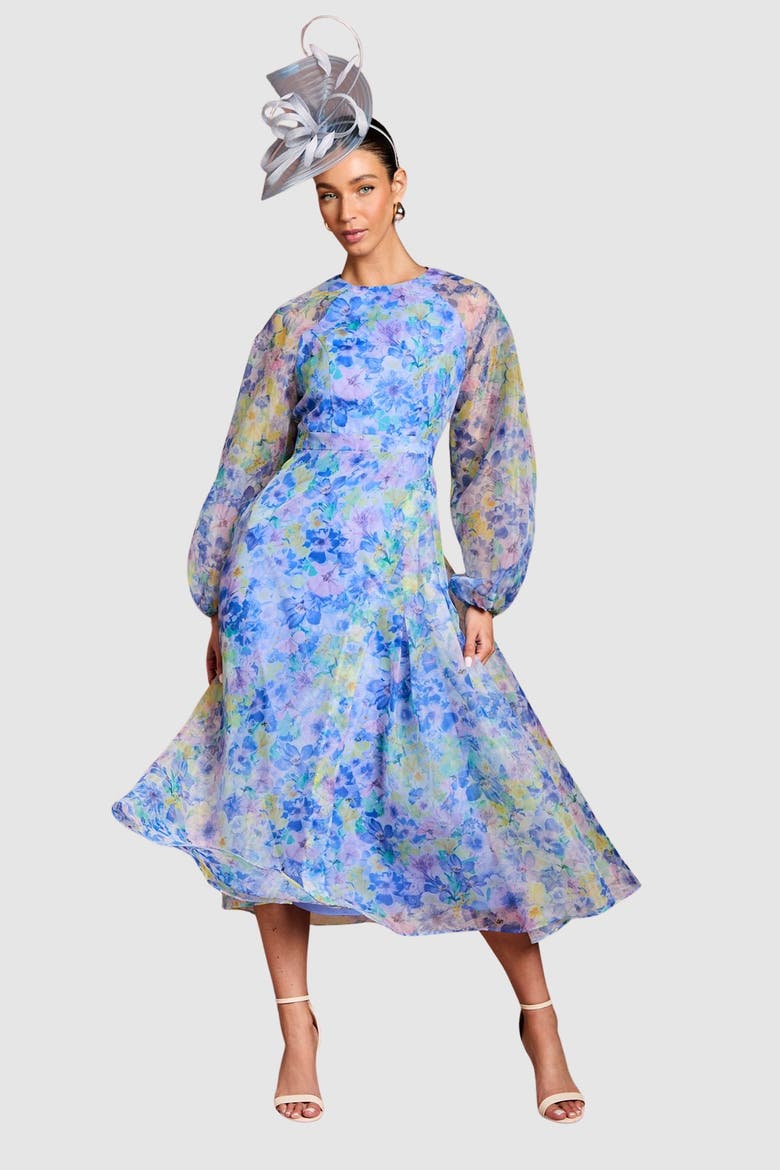 Organza Floral Puff Sleeve Midi Dress, Main, color, Blue
