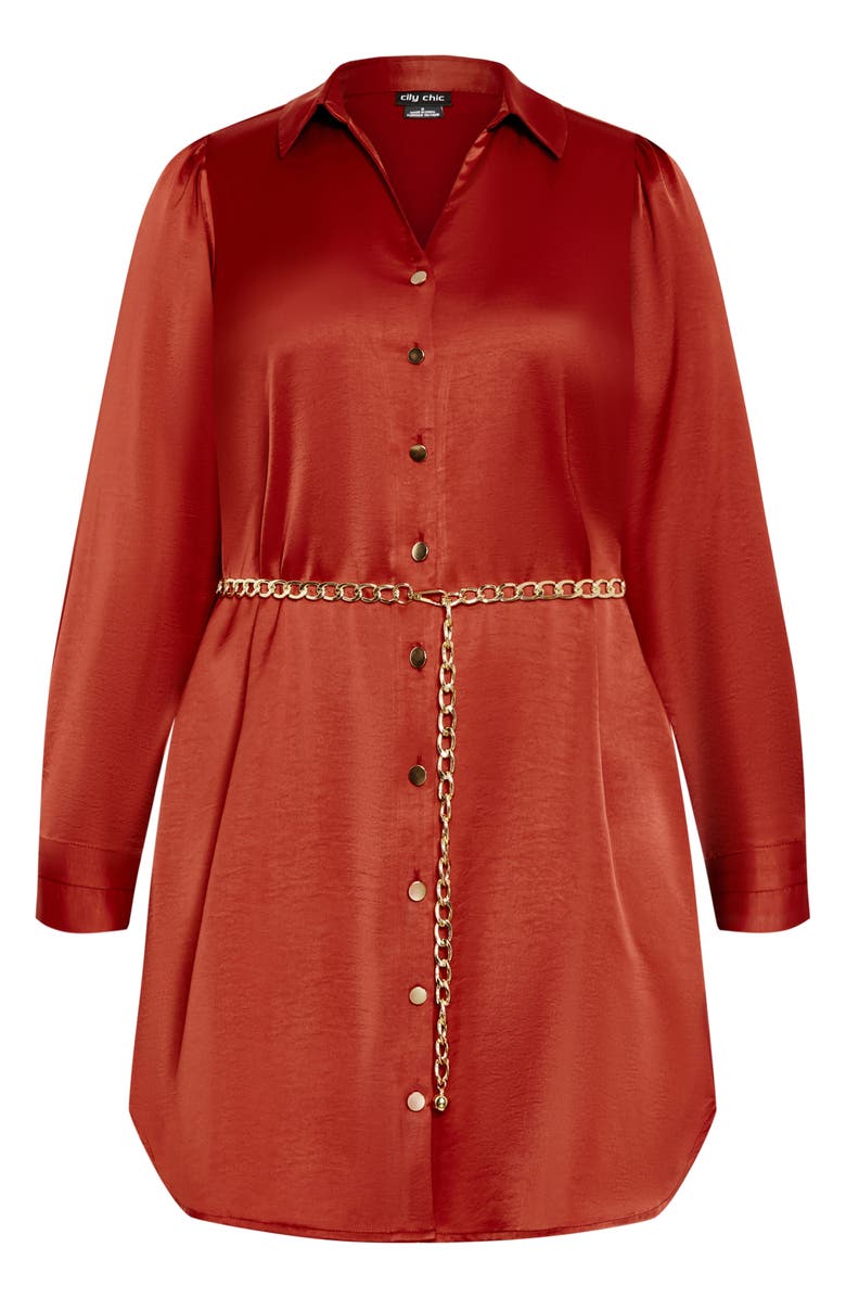 City Chic Harmoni Long Sleeve Satin Shirtdress, Alternate, color, Caramel