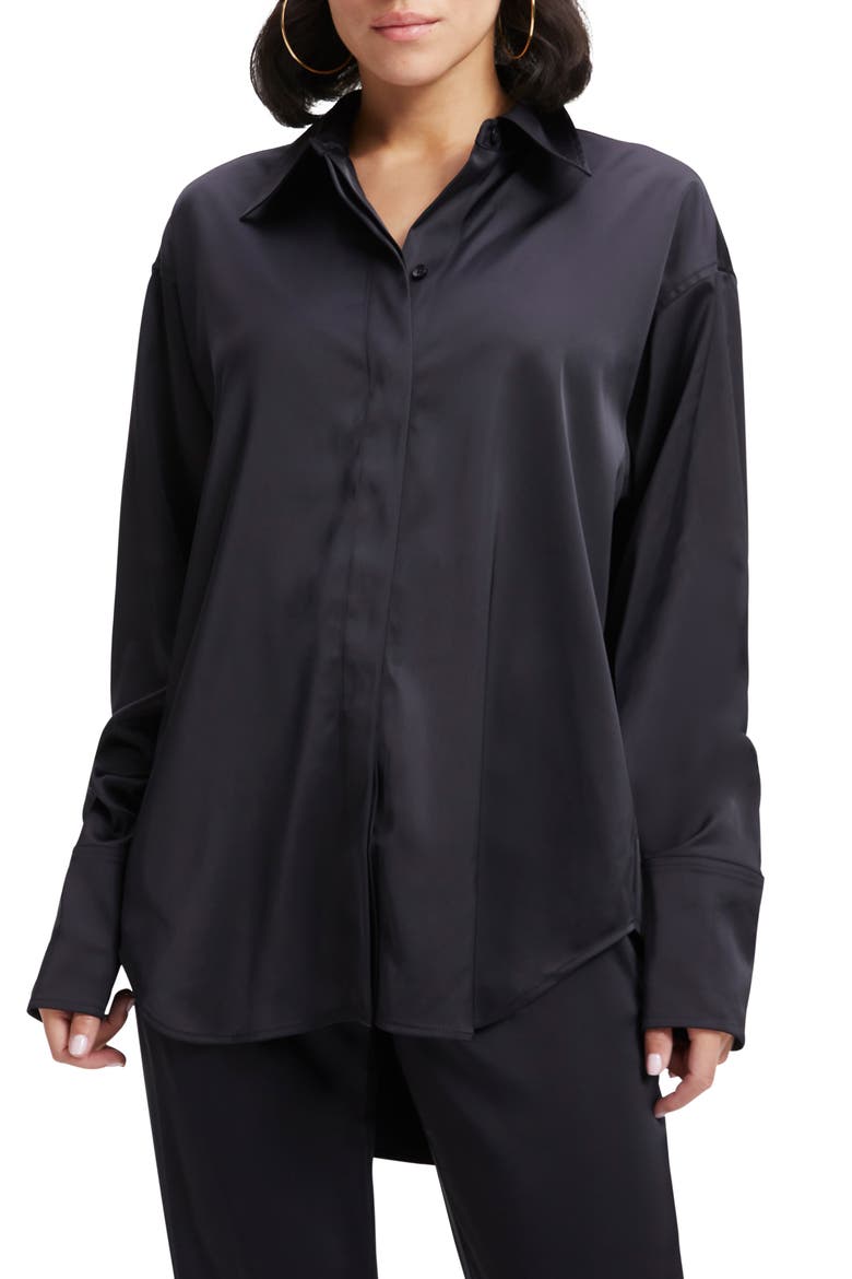 Stretch Satin Button-Up Shirt, Main, color, BLACK001