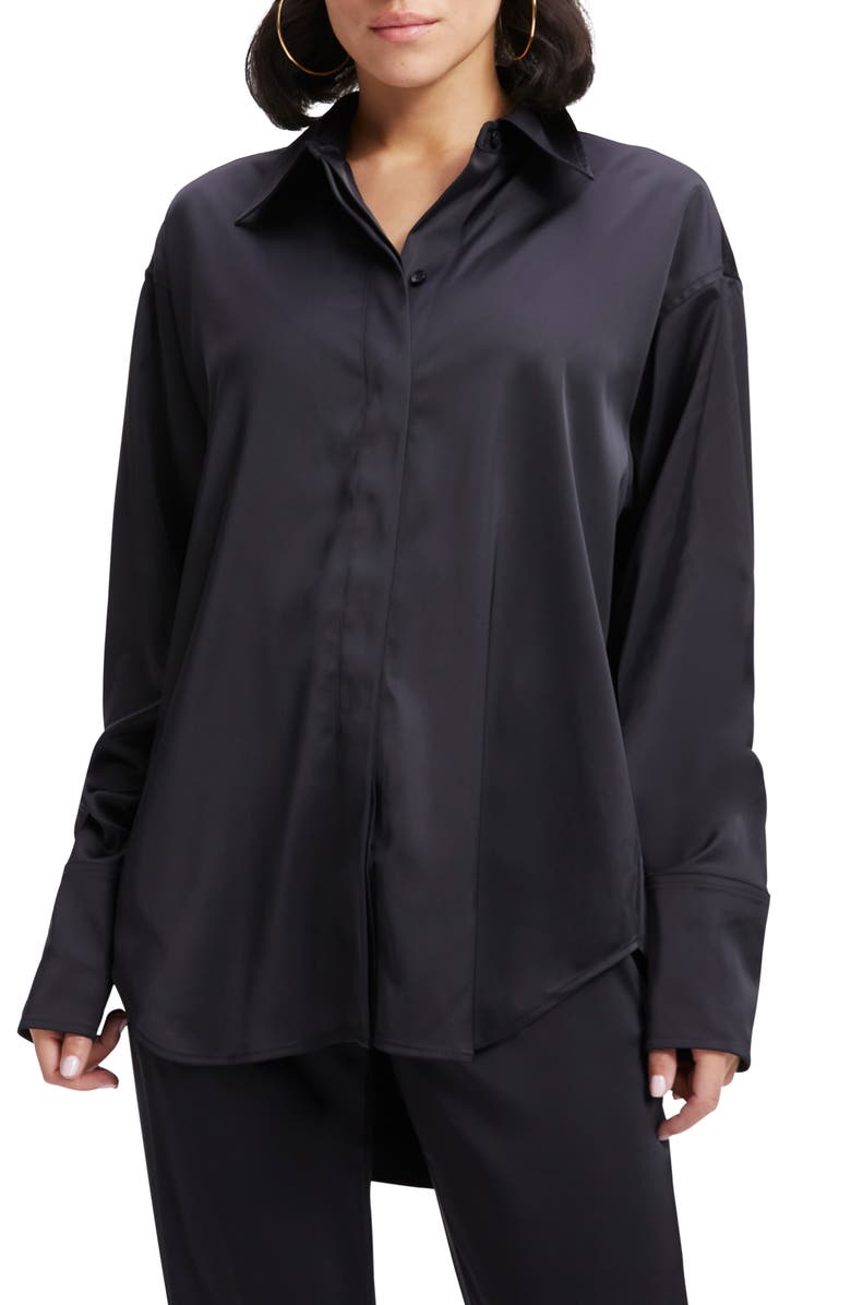 Good American Stretch Satin Button-Up Shirt, Main, color,