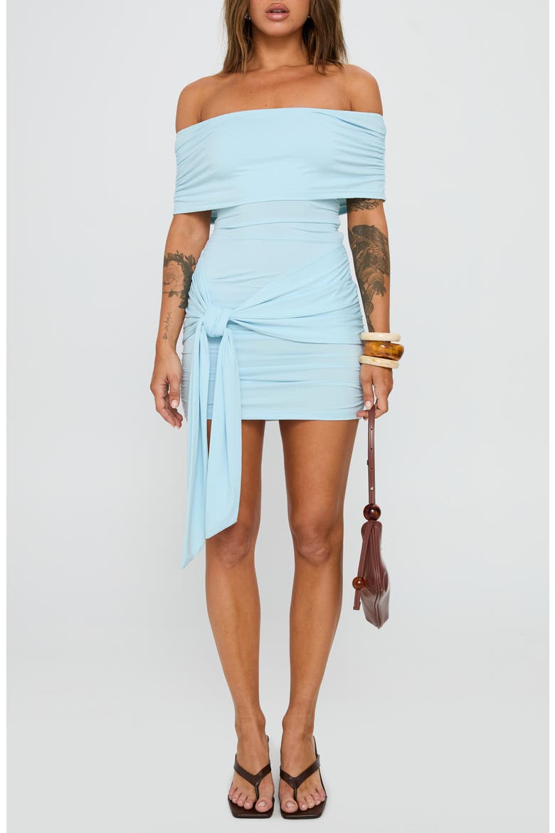 Island Off the Shoulder Tie Waist Minidress, Main, color, LIGHT BLUE