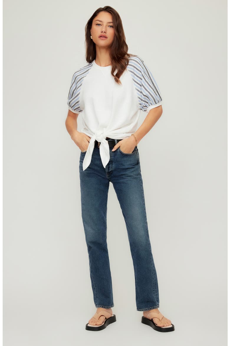 Jami Contrast Sleeve Tie Front Organic Cotton Top, Alternate, color, OFF WHITE