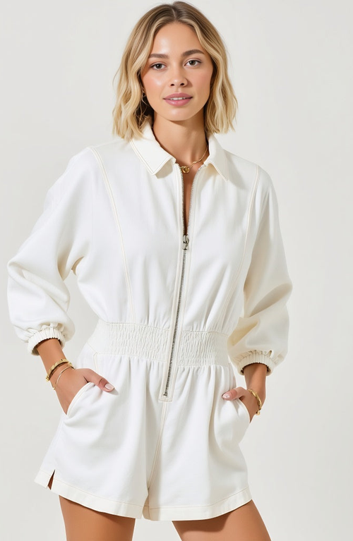 Modenaire Zip Front Long Sleeve Romper With Elastic Waist And Collar Detail