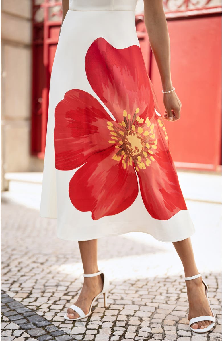 Yumi Oversize Poppy Placement Midi Sun Dress, Alternate, color, White