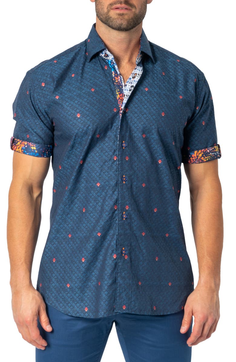 Maceoo Galileo Regular Fit Icon Paisley Short Sleeve Cotton Button-Up Shirt, Main, color, Blue