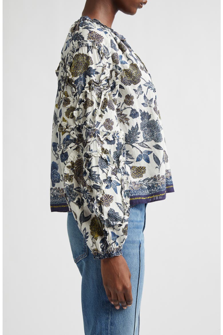Azrou Floral Ruffle Split Neck Peasant Top, Alternate, color, PORCELAIN