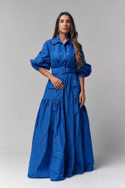 Le Fafo Bellted Taffeta Maxi Dress Gown In Blue