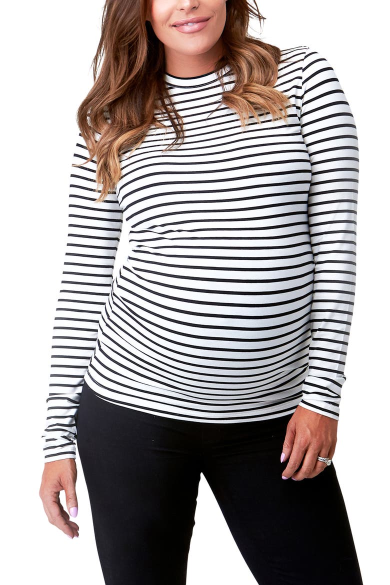 Liv Long Sleeve Sculpting Maternity Crew Neck Tee, Main, color, WHITE/BLACK STRIPE